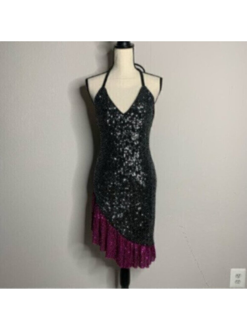 NWT One33 Social Black & Purple Sequin Colorblock Backless Halter Dress - Picture 11 of 15